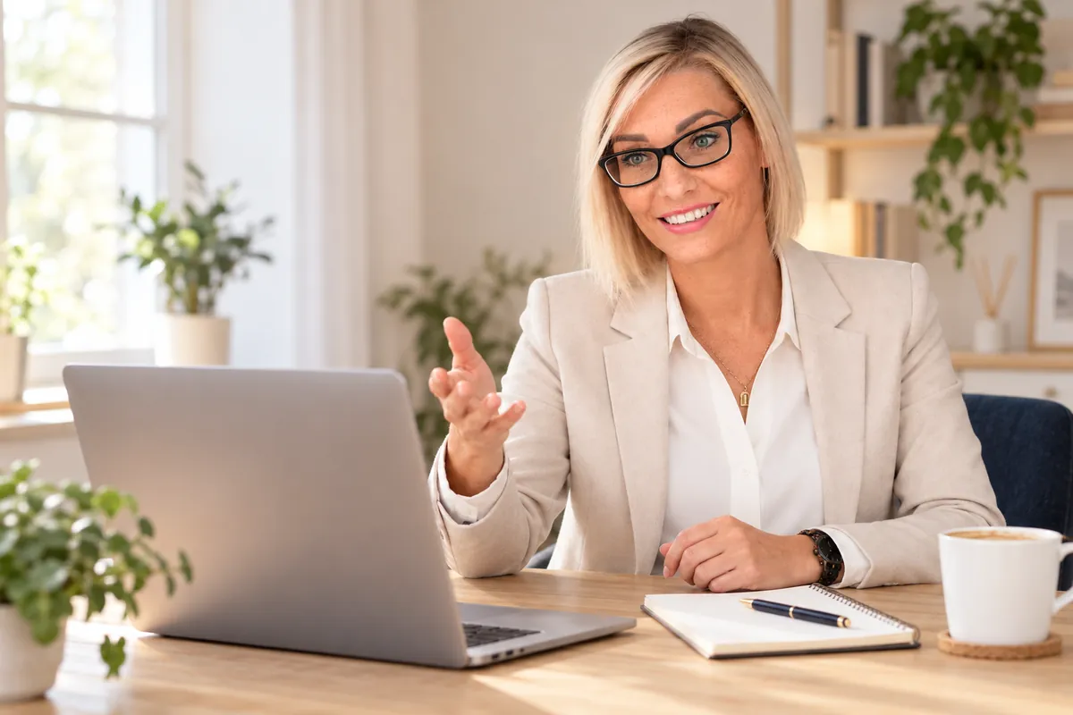 Magdalena Grochowska prowadzi konsultację online przy laptopie